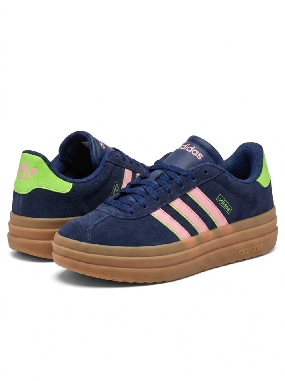 Adidas Women's VL Court Bold Sneakers Navy Suede Pink Stripe Green Heel Size 6